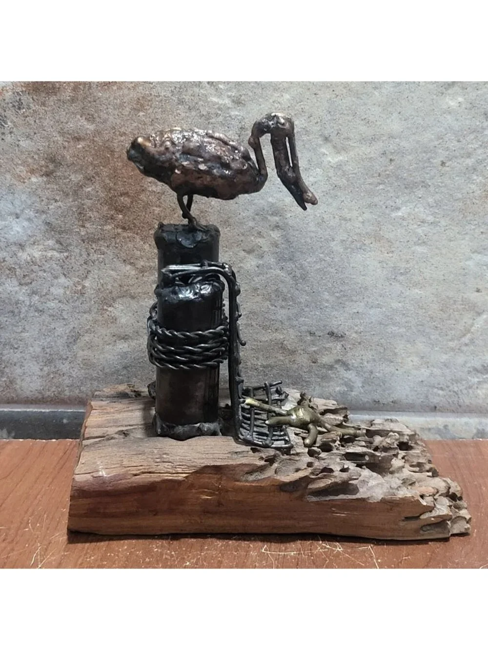Handcrafted Metal Bird Sculpture Heron Stork Driftwood Base Coastal Maritime Dec